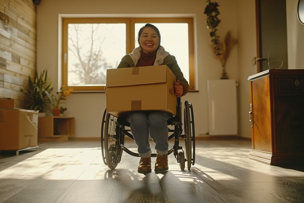 Personne en fauteuil roulant recevant une aide financière pour déménagement à Argenteuil, illustrant le soutien aux personnes handicapées.