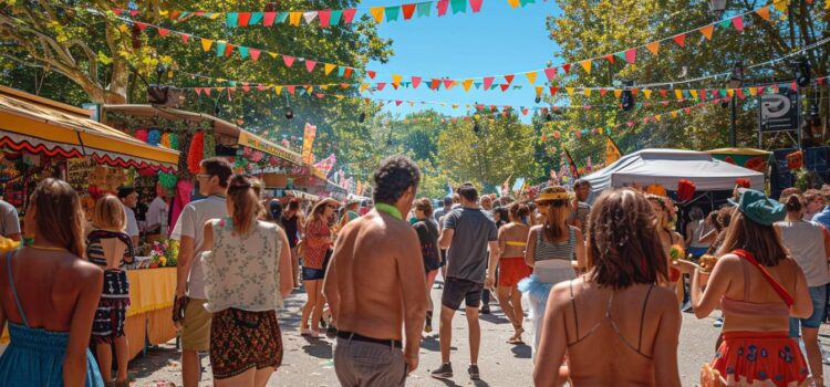  Vibrante ambiance de festival en plein air à Argenteuil, avec vue sur la foule festive et les décorations colorées, illustrant l'esprit de la fête à Argenteuil 2023.